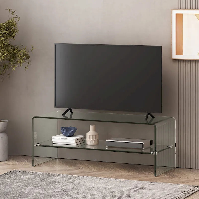 Transparenter TV-Ständer 39.37 mit offenem Rückenteil und Glasablage für Fernseher bis zu 39