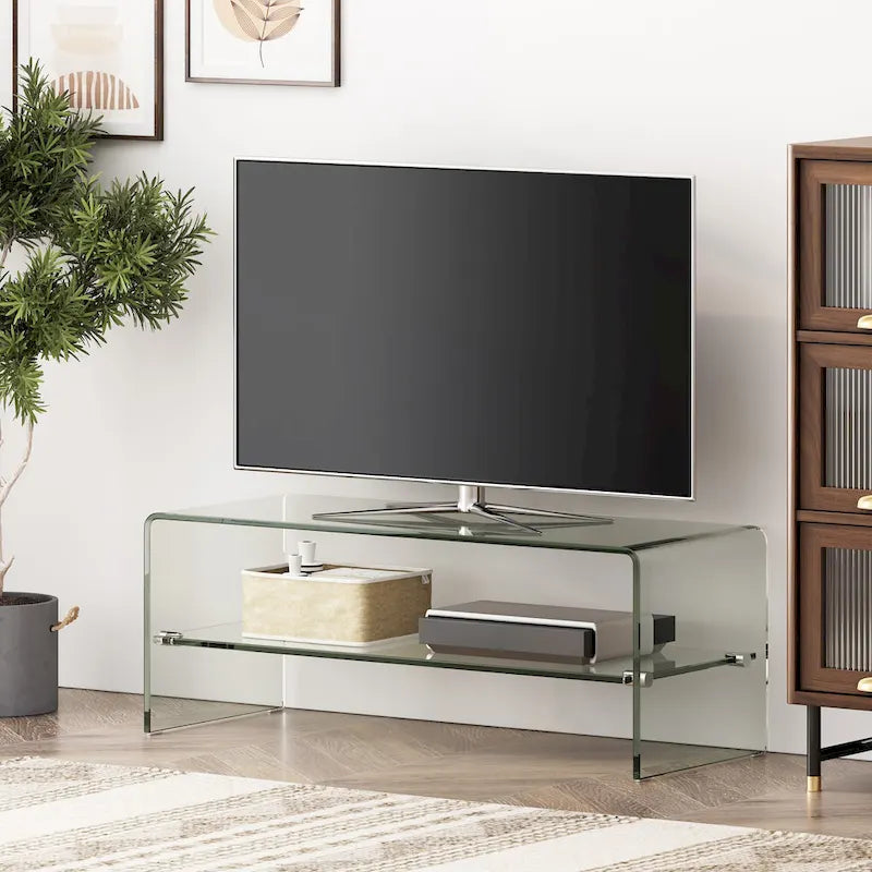 Transparenter TV-Ständer 39.37 mit offenem Rückenteil und Glasablage für Fernseher bis zu 39