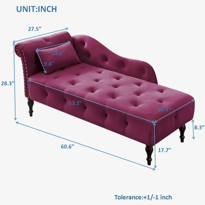 60.6 Chaiselongue mit Samtbezug, Knopfheftung und Ziernägeln