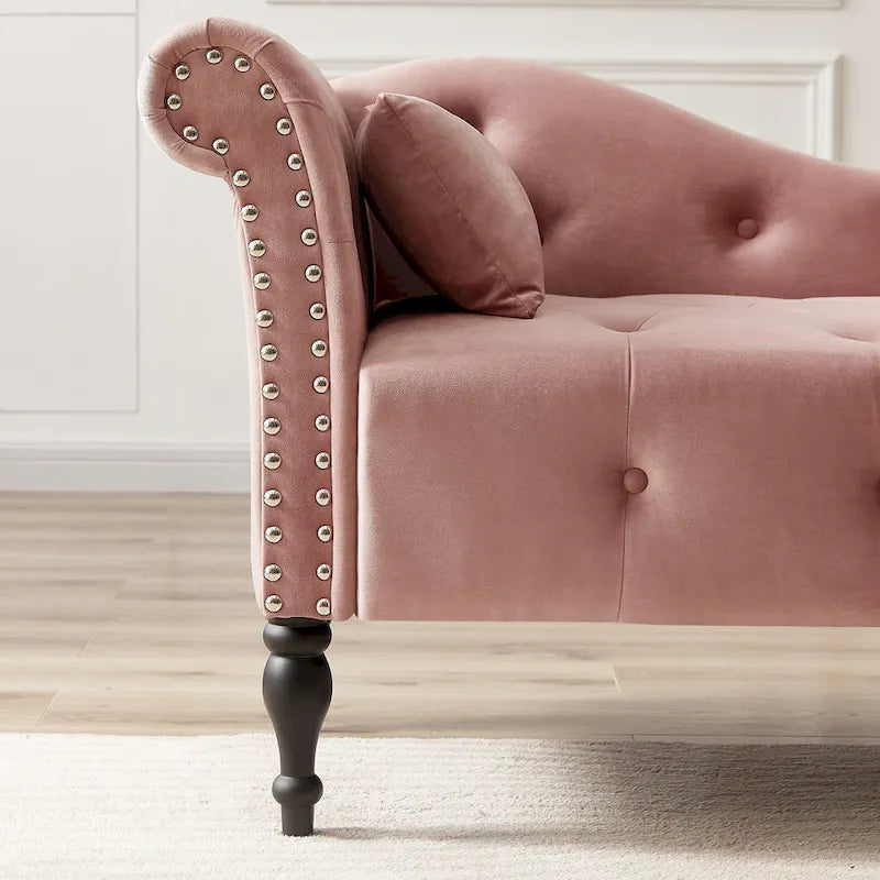 60.6 Chaiselongue mit Samtbezug, Knopfheftung und Ziernägeln