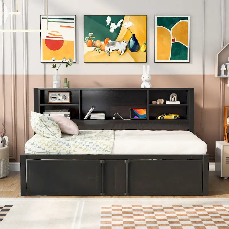 Twin Size Metal Upholstered Daybed w/ Twin Size Trundle Bunk Bed Frame & USB Ports & Storage Shelves Space-Saving, Easy Assembly