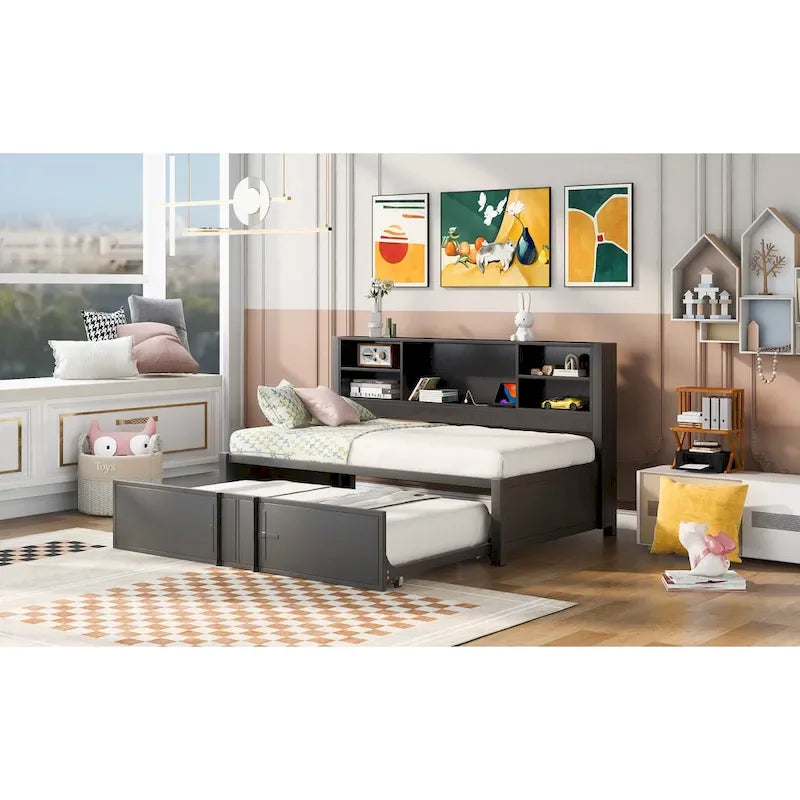 Lit de jour en métal rembourré, format jumeau, avec cadre de lit superposé et lit gigogne format jumeau, ports USB et étagères de rangement, gain de place, montage facile