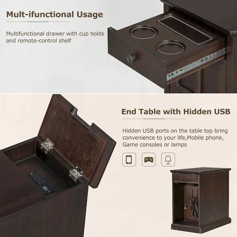 Beistelltisch mit USB-Anschlüssen und einer multifunktionalen Schublade mit Getränkehaltern