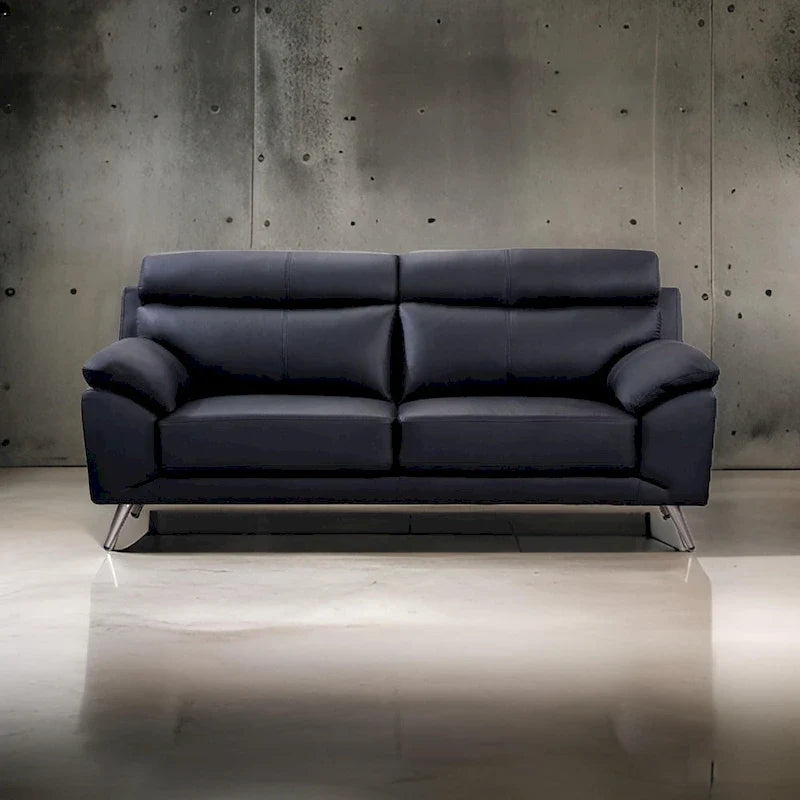 Sofa, schwarzes Leder aus der obersten Lederschicht, Schaumstoffpolster, Stahlbeine, 80 Zoll