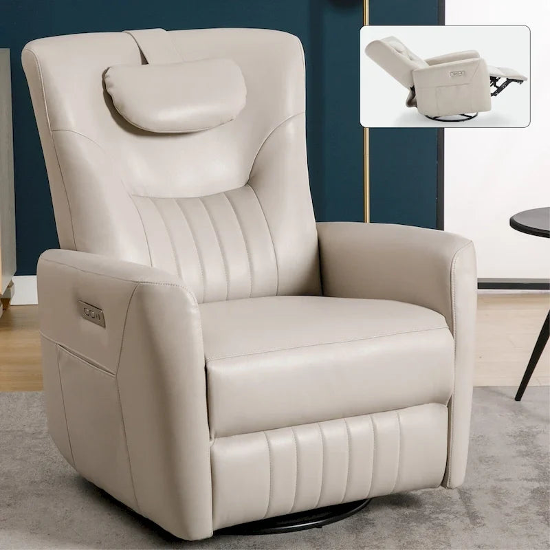 Elektrischer Dreh- und Schaukel-Relaxsessel, moderner Einsitzer-Relaxsessel mit Lenden- und Nackenstützkissen, mit integrierten USB- und Typ-C-Anschlüssen