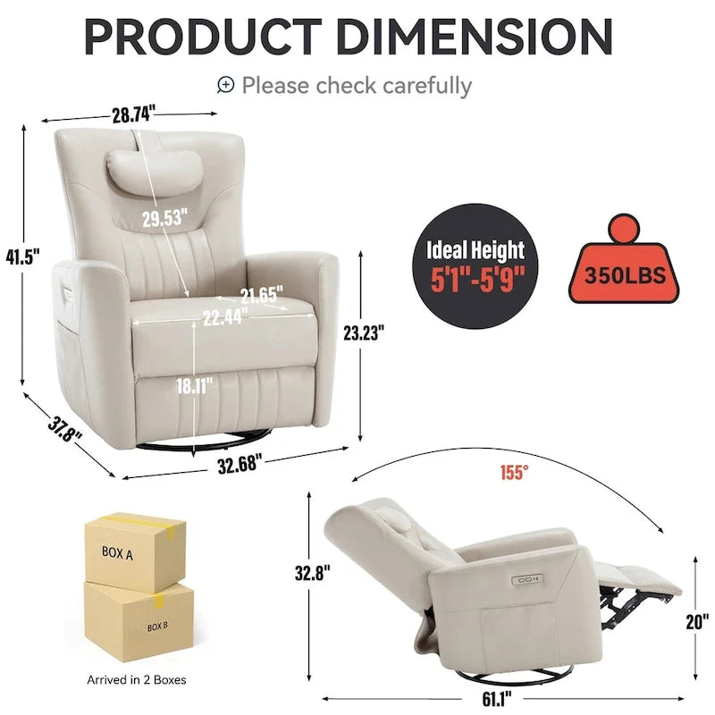 Elektrischer Dreh- und Schaukel-Relaxsessel, moderner Einsitzer-Relaxsessel mit Lenden- und Nackenstützkissen, mit integrierten USB- und Typ-C-Anschlüssen