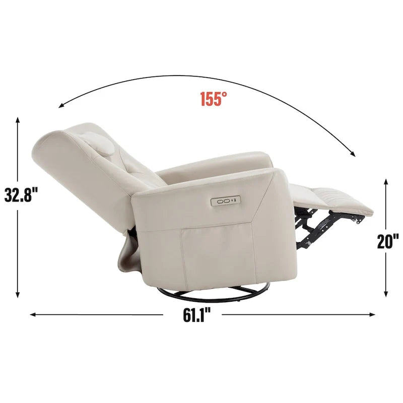 Elektrischer Dreh- und Schaukel-Relaxsessel, moderner Einsitzer-Relaxsessel mit Lenden- und Nackenstützkissen, mit integrierten USB- und Typ-C-Anschlüssen