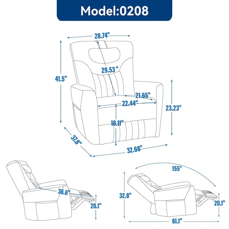 Elektrischer Dreh- und Schaukel-Relaxsessel, moderner Einsitzer-Relaxsessel mit Lenden- und Nackenstützkissen, mit integrierten USB- und Typ-C-Anschlüssen