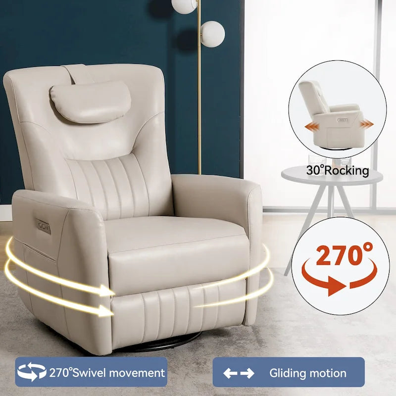Elektrischer Dreh- und Schaukel-Relaxsessel, moderner Einsitzer-Relaxsessel mit Lenden- und Nackenstützkissen, mit integrierten USB- und Typ-C-Anschlüssen