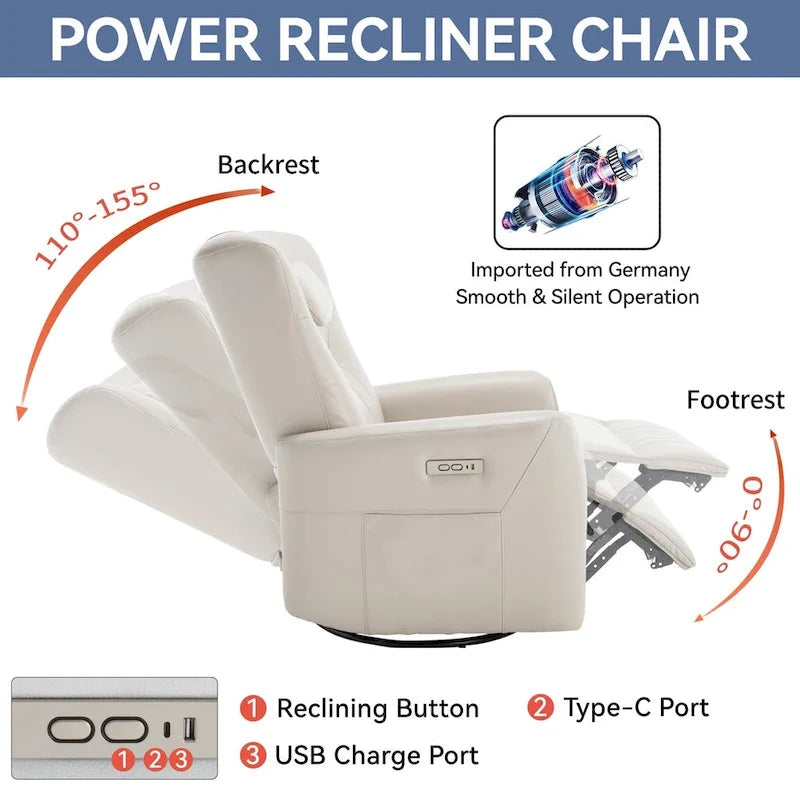 Elektrischer Dreh- und Schaukel-Relaxsessel, moderner Einsitzer-Relaxsessel mit Lenden- und Nackenstützkissen, mit integrierten USB- und Typ-C-Anschlüssen