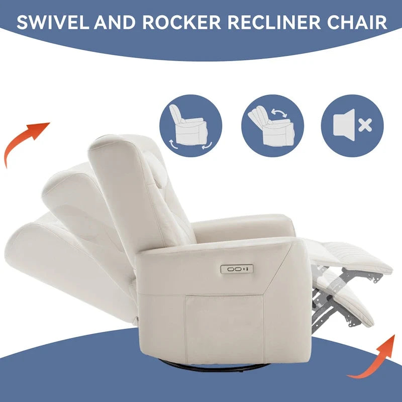 Elektrischer Dreh- und Schaukel-Relaxsessel, moderner Einsitzer-Relaxsessel mit Lenden- und Nackenstützkissen, mit integrierten USB- und Typ-C-Anschlüssen