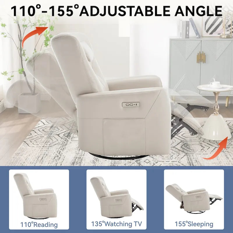 Elektrischer Dreh- und Schaukel-Relaxsessel, moderner Einsitzer-Relaxsessel mit Lenden- und Nackenstützkissen, mit integrierten USB- und Typ-C-Anschlüssen