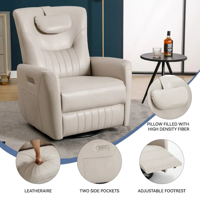 Elektrischer Dreh- und Schaukel-Relaxsessel, moderner Einsitzer-Relaxsessel mit Lenden- und Nackenstützkissen, mit integrierten USB- und Typ-C-Anschlüssen