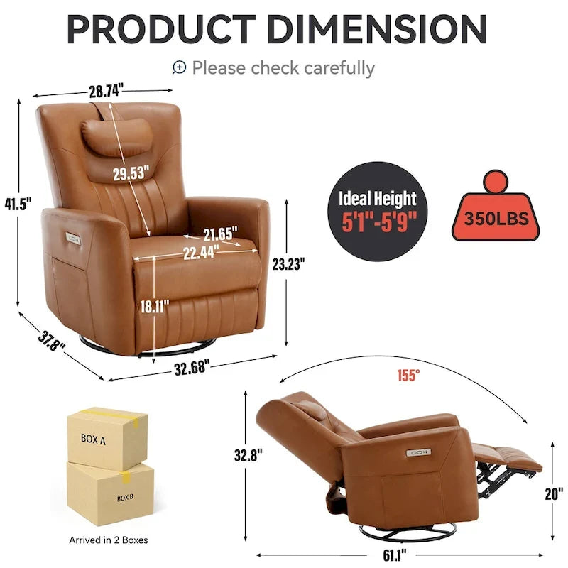 Elektrischer Dreh- und Schaukel-Relaxsessel, moderner Einsitzer-Relaxsessel mit Lenden- und Nackenstützkissen, mit integrierten USB- und Typ-C-Anschlüssen