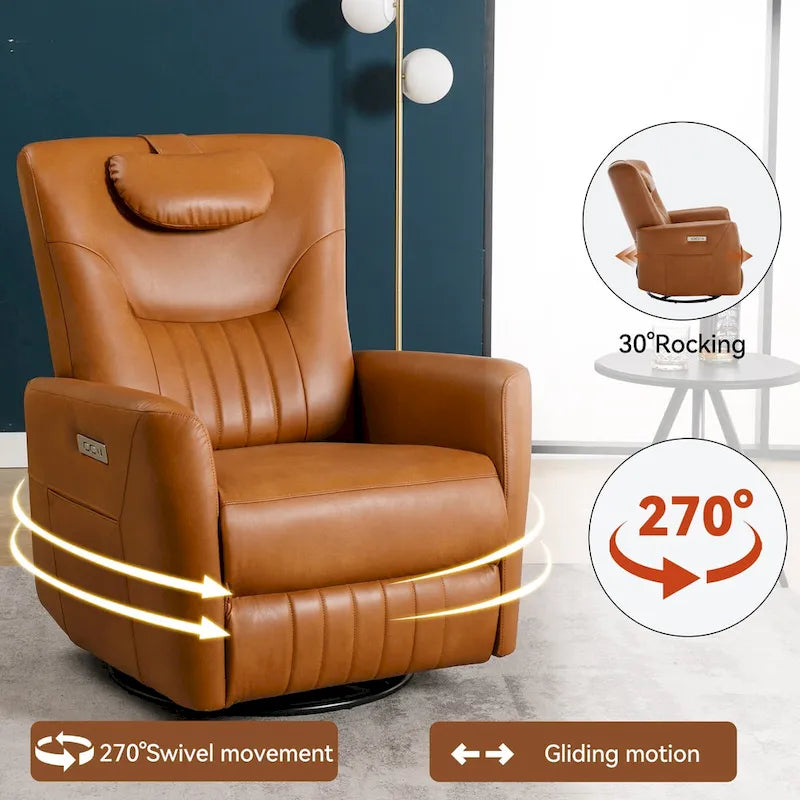 Elektrischer Dreh- und Schaukel-Relaxsessel, moderner Einsitzer-Relaxsessel mit Lenden- und Nackenstützkissen, mit integrierten USB- und Typ-C-Anschlüssen
