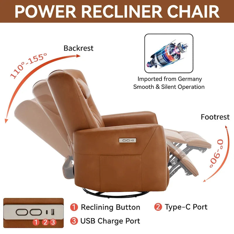 Elektrischer Dreh- und Schaukel-Relaxsessel, moderner Einsitzer-Relaxsessel mit Lenden- und Nackenstützkissen, mit integrierten USB- und Typ-C-Anschlüssen