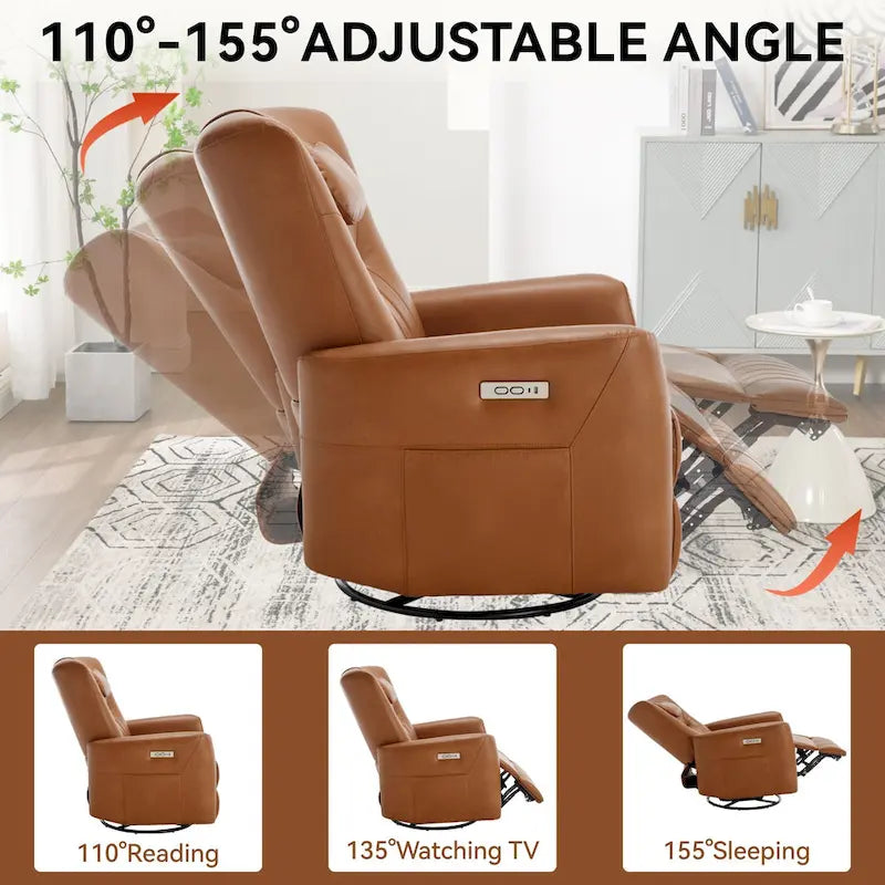 Elektrischer Dreh- und Schaukel-Relaxsessel, moderner Einsitzer-Relaxsessel mit Lenden- und Nackenstützkissen, mit integrierten USB- und Typ-C-Anschlüssen