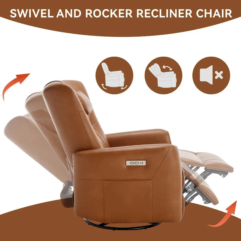 Elektrischer Dreh- und Schaukel-Relaxsessel, moderner Einsitzer-Relaxsessel mit Lenden- und Nackenstützkissen, mit integrierten USB- und Typ-C-Anschlüssen
