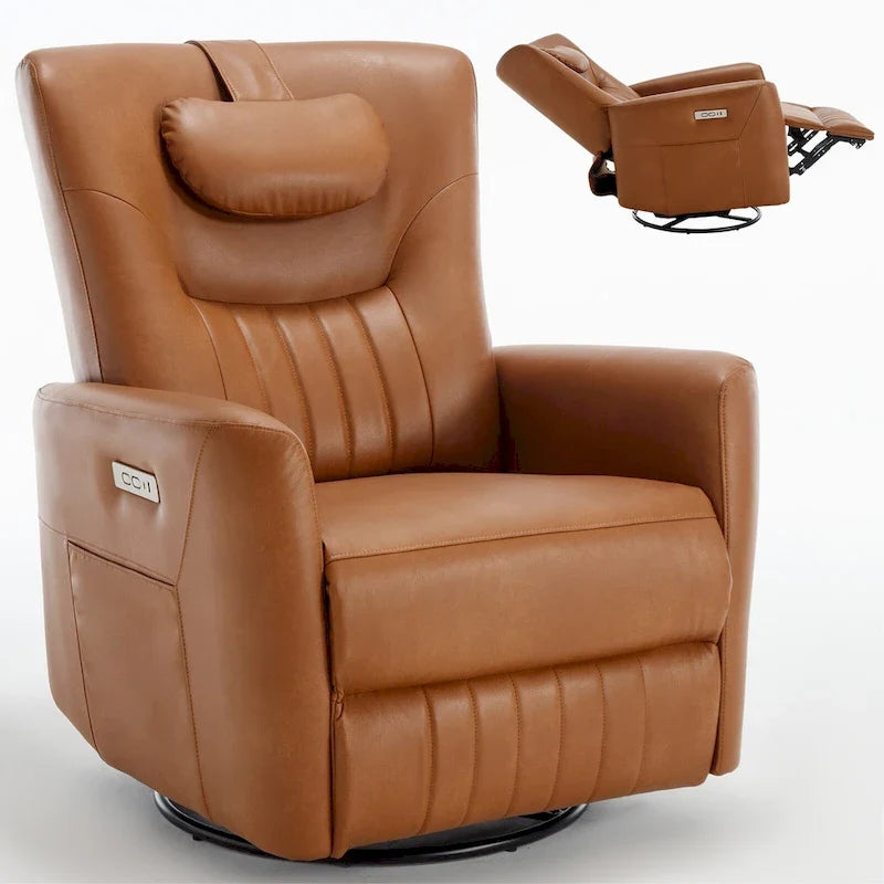 Elektrischer Dreh- und Schaukel-Relaxsessel, moderner Einsitzer-Relaxsessel mit Lenden- und Nackenstützkissen, mit integrierten USB- und Typ-C-Anschlüssen