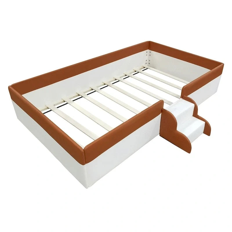 Kids Floor Bed with Fence, PU Upholstered Daybed Frame, Wood Slat Panel Bed w/ Small Stairs for Kids Girls Boys