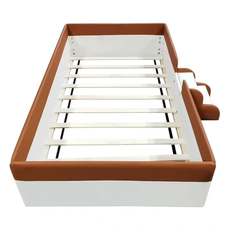 Kids Floor Bed with Fence, PU Upholstered Daybed Frame, Wood Slat Panel Bed w/ Small Stairs for Kids Girls Boys