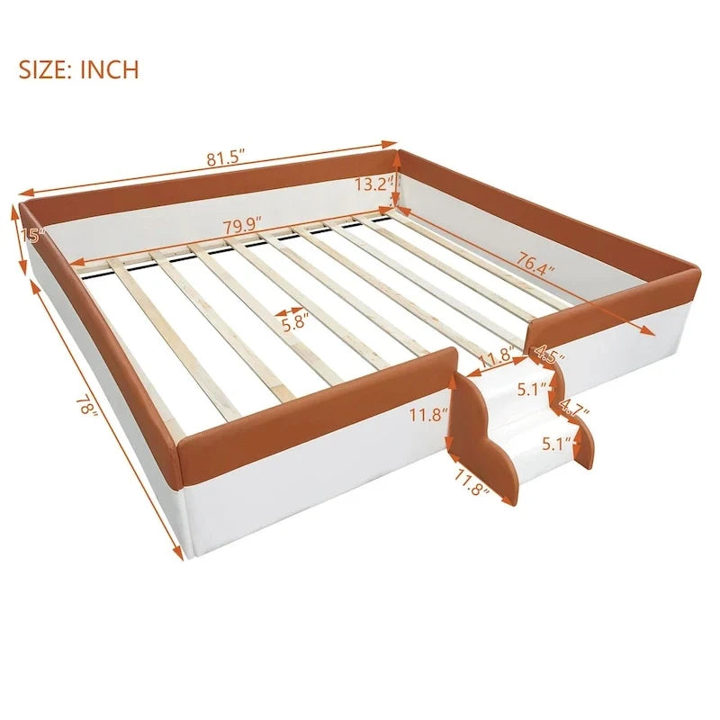 Kids Floor Bed with Fence, PU Upholstered Daybed Frame, Wood Slat Panel Bed w/ Small Stairs for Kids Girls Boys