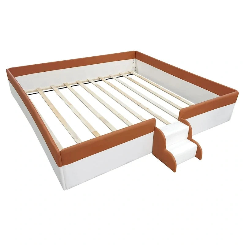 Kids Floor Bed with Fence, PU Upholstered Daybed Frame, Wood Slat Panel Bed w/ Small Stairs for Kids Girls Boys