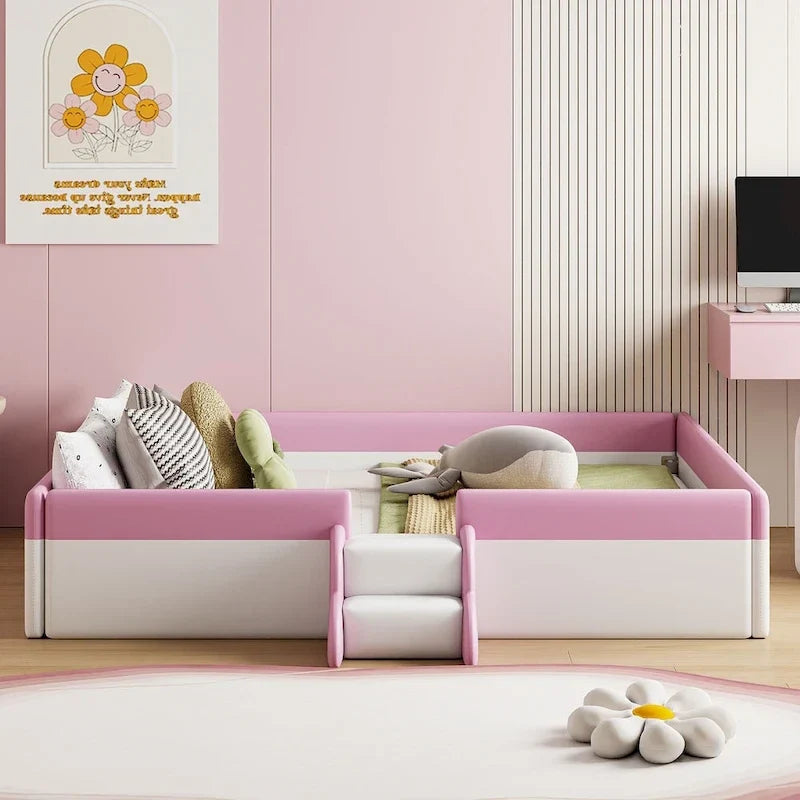 Kids Floor Bed with Fence, PU Upholstered Daybed Frame, Wood Slat Panel Bed w/ Small Stairs for Kids Girls Boys