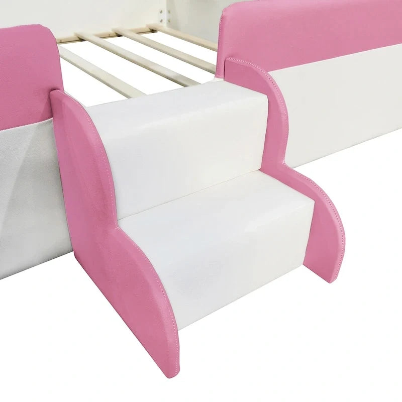Kids Floor Bed with Fence, PU Upholstered Daybed Frame, Wood Slat Panel Bed w/ Small Stairs for Kids Girls Boys