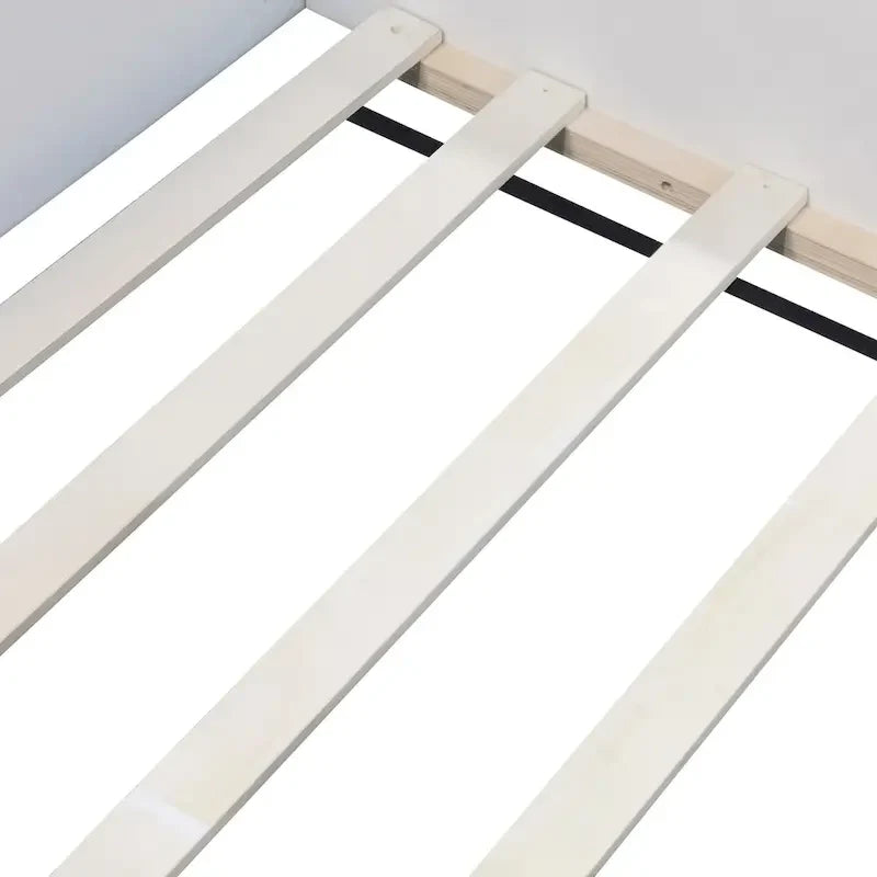 Kids Floor Bed with Fence, PU Upholstered Daybed Frame, Wood Slat Panel Bed w/ Small Stairs for Kids Girls Boys