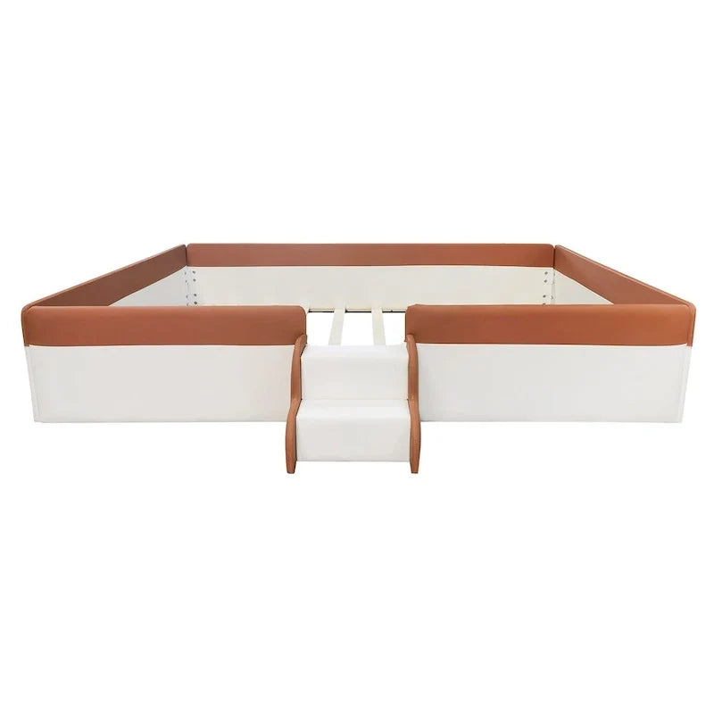 Kids Floor Bed with Fence, PU Upholstered Daybed Frame, Wood Slat Panel Bed w/ Small Stairs for Kids Girls Boys