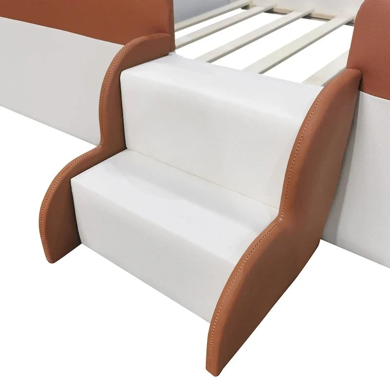 Kids Floor Bed with Fence, PU Upholstered Daybed Frame, Wood Slat Panel Bed w/ Small Stairs for Kids Girls Boys