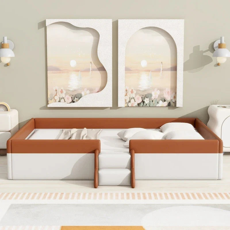 Kids Floor Bed with Fence, PU Upholstered Daybed Frame, Wood Slat Panel Bed w/ Small Stairs for Kids Girls Boys