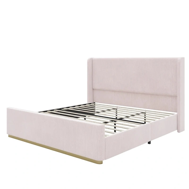Lit king size rembourré en velours côtelé avec tête de lit à oreilles de 47 et cadre en métal et bois (sans sommier requis)