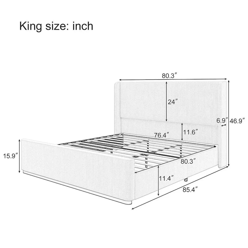 Lit king size rembourré en velours côtelé avec tête de lit à oreilles de 47 et cadre en métal et bois (sans sommier requis)