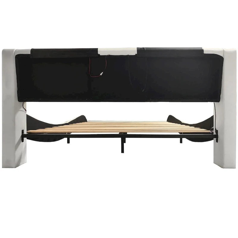 Faux Leather Upholstered Platform Bed with LED Lighting and Wood Slat Support