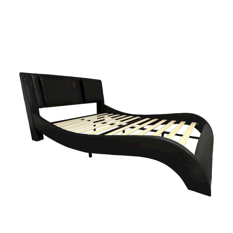 Faux Leather Upholstered Platform Bed with LED Lighting and Wood Slat Support