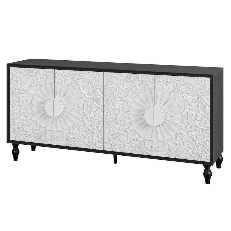 62.99 Accent TV Stand Cabinet with Carved Pattern Door, Storage Shelf, and Solid Wood Leg for Living Room