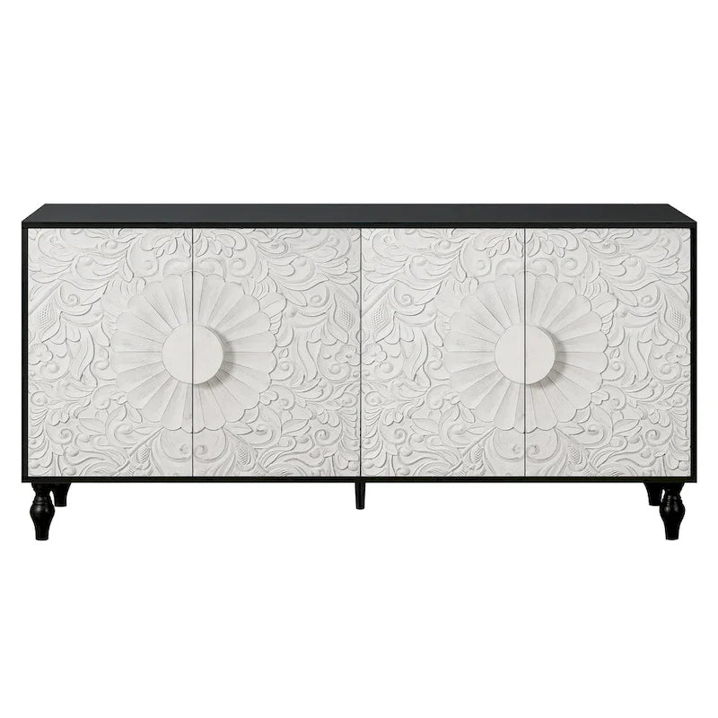 62.99 Accent TV Stand Cabinet with Carved Pattern Door, Storage Shelf, and Solid Wood Leg for Living Room