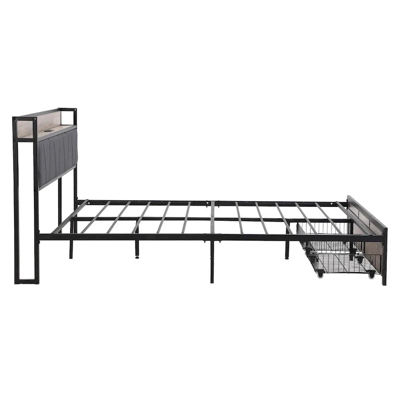 Black+Grey Full Size Metal Bed with Upholstered Storage Headboard and USB