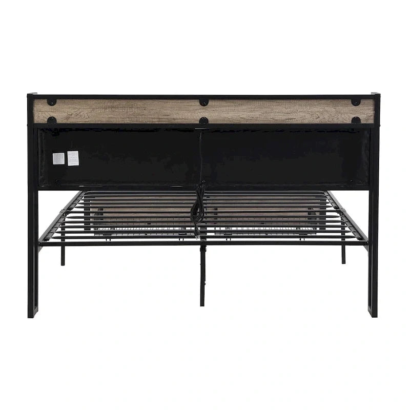 Black+Grey Full Size Metal Bed with Upholstered Storage Headboard and USB