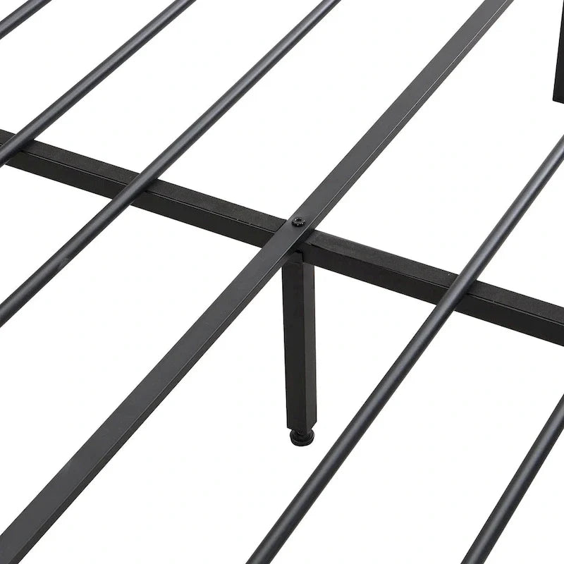 Black+Grey Full Size Metal Bed with Upholstered Storage Headboard and USB