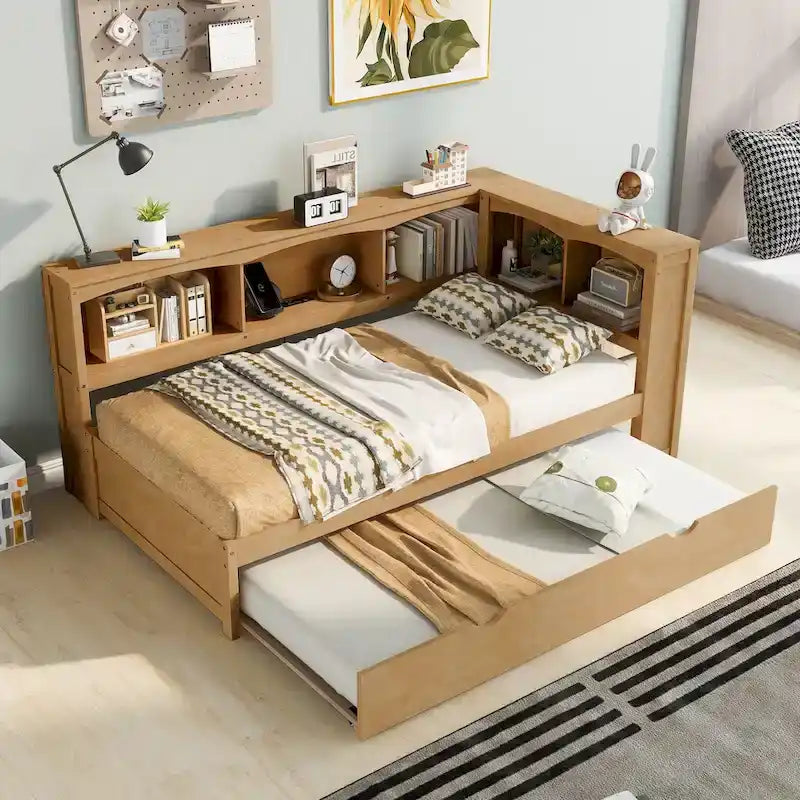 Twin Wooden Daybed with Trundle, Cabinets, and Charging Stations