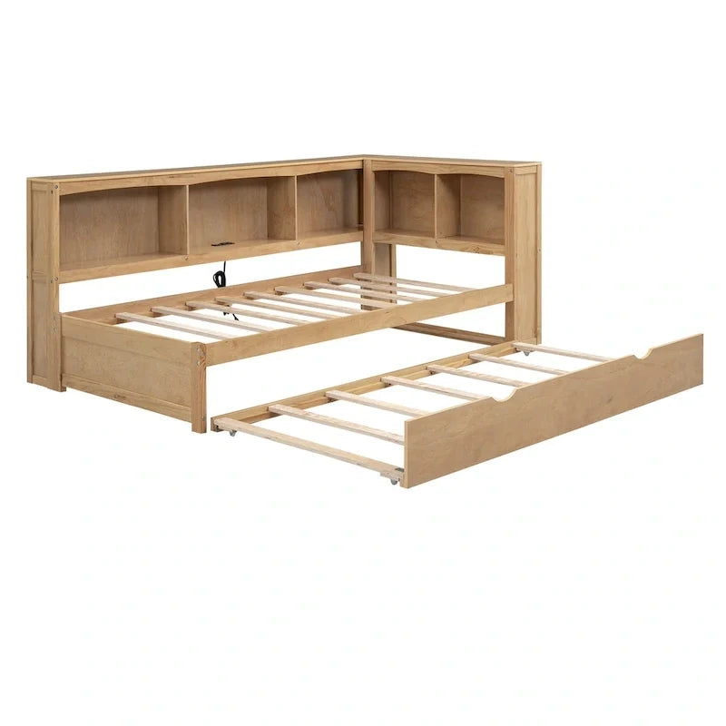 Twin Wooden Daybed with Trundle, Cabinets, and Charging Stations