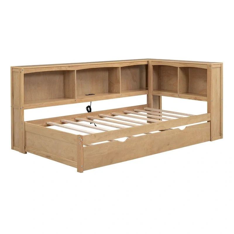 Twin Wooden Daybed with Trundle, Cabinets, and Charging Stations