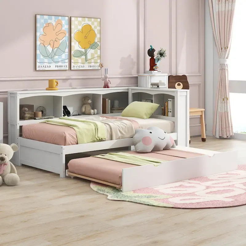 Twin Wooden Daybed with Trundle, Cabinets, and Charging Stations