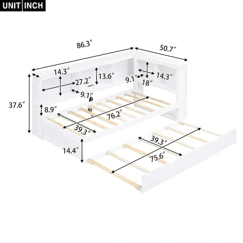 Twin Wooden Daybed with Trundle, Cabinets, and Charging Stations