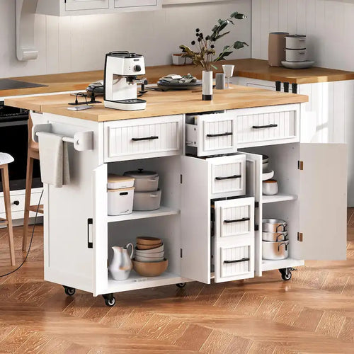 Îlot de cuisine de 56.5 avec rallonge rabattable et station de recharge, desserte de cuisine à roulettes avec tiroirs et étagères réglables