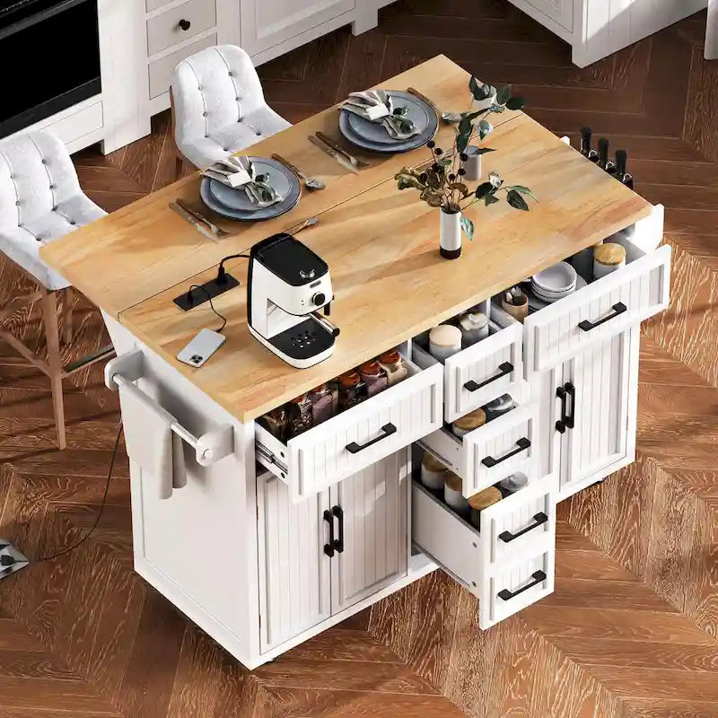 Îlot de cuisine de 56.5 avec rallonge rabattable et station de recharge, desserte de cuisine à roulettes avec tiroirs et étagères réglables