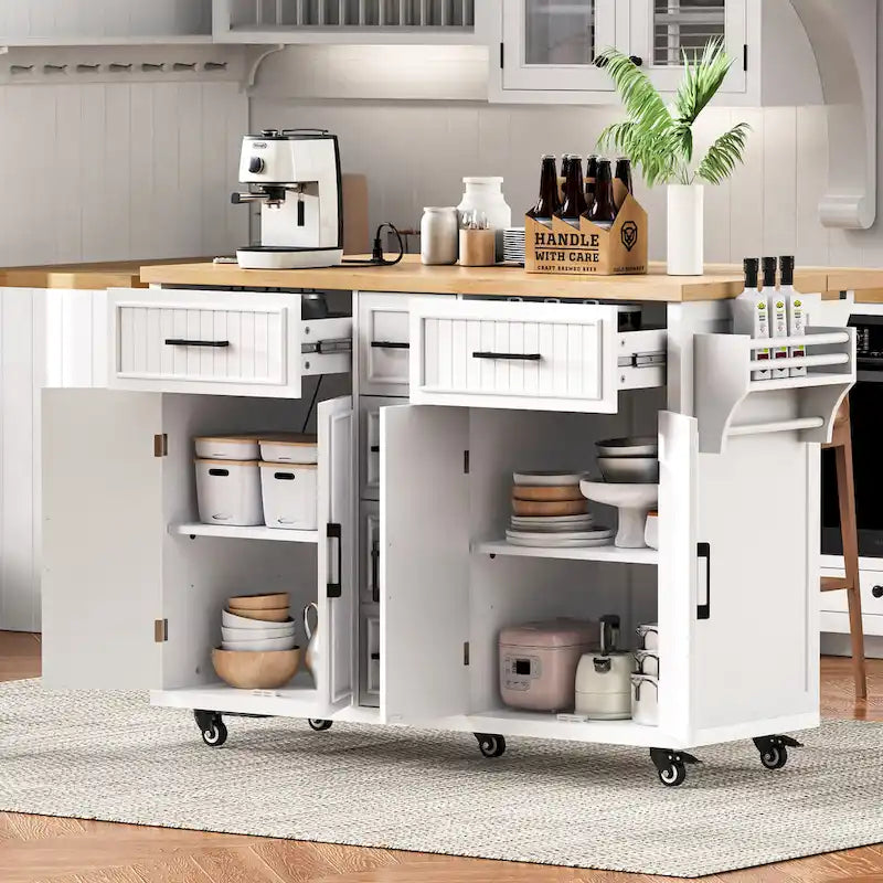 Îlot de cuisine de 56.5 avec rallonge rabattable et station de recharge, desserte de cuisine à roulettes avec tiroirs et étagères réglables